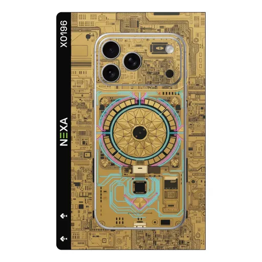 Premium Cypher & Machine Phones Skin - Wholesale | Nexa Skins — X0196 - Cypher & Machine (gold, cyberpunk, circuit)